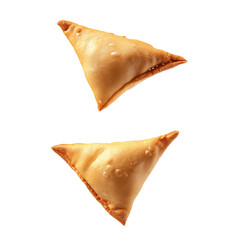 Fried samosas flying isolated on white background. Samosas floating isolated. Indian samosa falling.