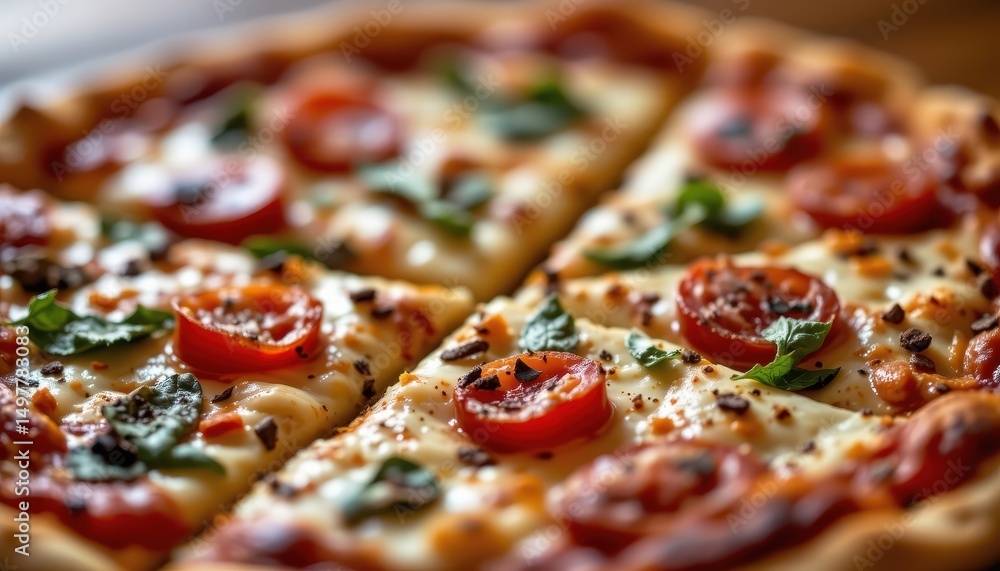 Poster a soft focus photograph style with warm tones and a close up of pizza toppings showing detailed text