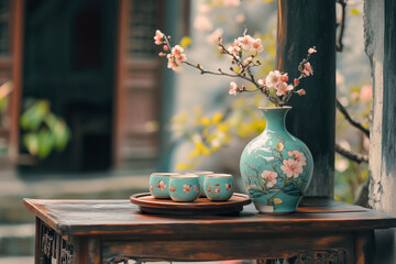 Traditional Japanese sake set with a ceramic sake bottle and small cups, served on a wooden tray