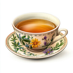 Decorative cup of herbal tea with intricate floral design on a white background