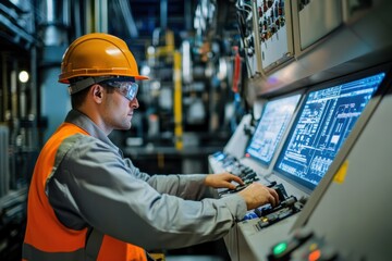 Electricity generation engineer monitors turbine control systems in a power plant