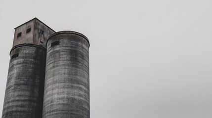 Weathered Silos Against a Grey Sky in a Rural Setting with Textured Concrete Surface and Industrial Theme