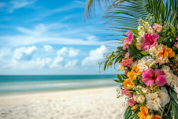 Tropical wedding arch adorned with bright, exotic flowers like hibiscus and orchids, with palm leaves and a sunny beach view