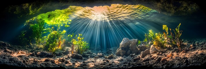 Underwater cave scene with sunlight streaming through the water and aquatic plants growing below