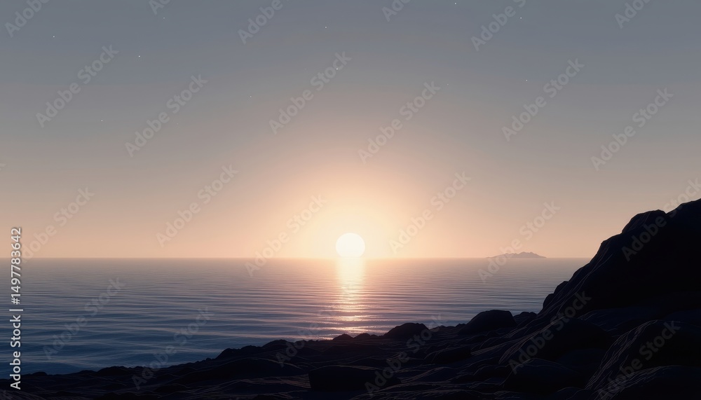 Poster a minimal scene with a silhouette of rocks and a luminous ocean reflecting the starry sky against a 