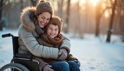 Obraz premium Woman embraces son wheelchair in winter park. Happy boy smiles. Family enjoys snowy winter day outdoors. Mother, child with disability. Love, care, togetherness. Inclusive lifestyle. Moments of joy.