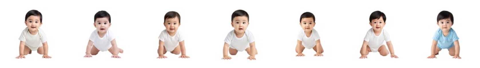 photo realistic full body of a 10 month old southeast asian baby girl with short black hair, light bodysuit, crawling, on white background, centered ,   no grunge, splash, dust   p 31v7rvw