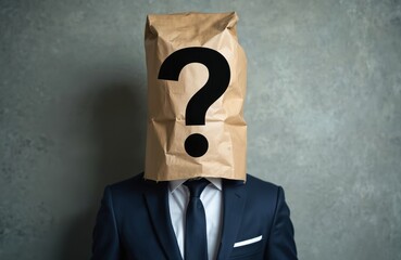 Man wearing suit tie, paper bag with question mark on head, hiding identity. Anonymous business concept, secret job, executive, hidden question. Bankruptcy, crisis, finance. Mystery, anonymity.