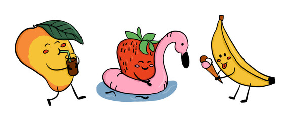 Vector illustration of cute mango, strawberry and banana with summer accessories on white background. Humorous summer vacation concept with kawaii fruit characters in a playful hand drawn style