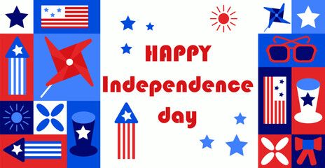 Vector banner with red, white and blue Independence Day symbols and typography on white background. Patriotic celebration concept inspired by American holiday traditions and national pride