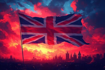 Vibrant sunset over London skyline with British flag waving proudly