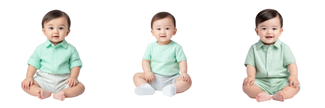 photo realistic full body of a 9 month old singaporean baby girl with fine hair, mint green shirt and shorts, propped sitting, on white background, centered ,   no grunge, splash, dust   p 31v7rvw