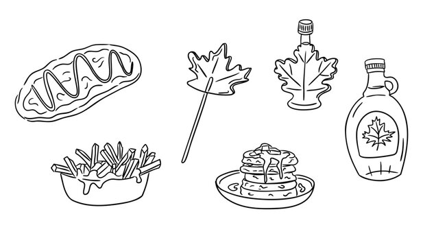 Vector doodle set of Canadian food items including poutine, pancakes, syrup and maple treats on white background. Cultural cuisine concept highlighting iconic national dishes in hand drawn style