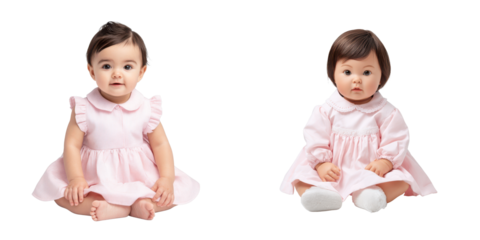 photo realistic full body of a 6 month old venezuelan baby girl with brown hair tuft, light pink dress, propped up, on white background, centered ,   no grunge, splash, dust   p 31v7rvw