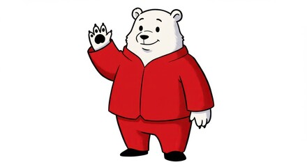 Polar Bear Waving Wearing Red Suit | Cartoon Animal Illustration for Children's Books, Educational Materials, and Winter Holiday Graphics