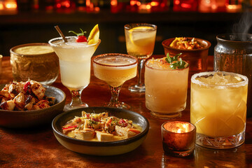 Variety of cocktails paired with tapas dishes, served on a stylish table