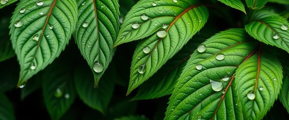 Fototapeta premium Hipperrealistic leaf pattern with glistening water droplets, lush green foliage, moist, environment