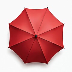Top view of isolated red umbrella against white background. Open parasol provides rain protection. Weather object in vivid color, product shoot. Red umbrella detail. Protection from sun, rain.