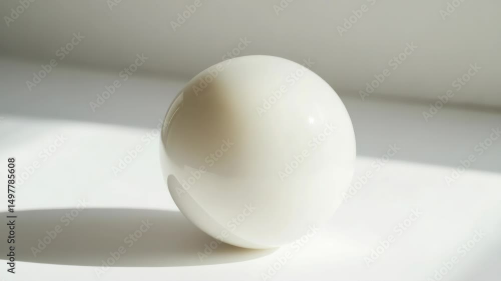 Poster a single white egg perched on the edge of a plain white table, isolated against a neutral background
