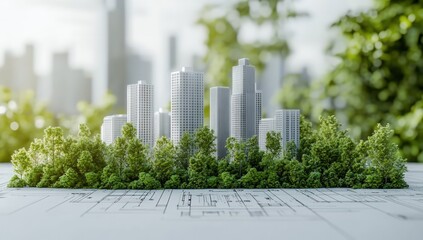 Sustainable city model on blueprint, surrounded by lush greenery
