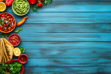 Vibrant Mexican fiesta table with tacos, guacamole, salsa, and colorful decorations