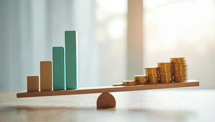 Seesaw with coin piles, analytics data. Financial balance, investment, economic equilibrium visualization. Chart, graph, business concept, equity, analysis, insight, profit, loss, capital,