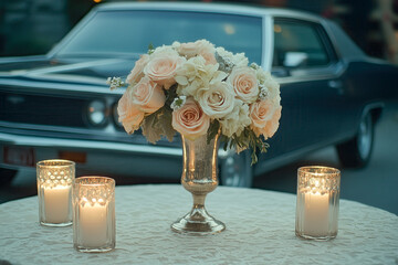 Vintage-themed wedding with antique decorations, lace tablecloths, and classic cars