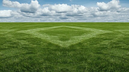 Fototapeta premium Expansive green grassy field under a cloudy sky with no transparency