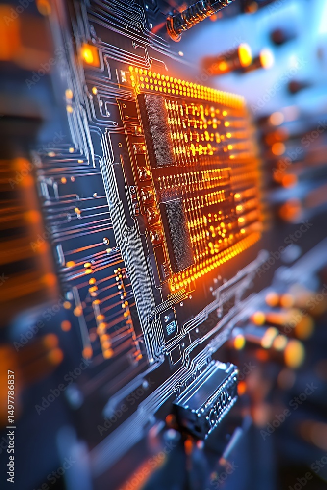 Poster high-tech close up of quantum computer circuit board