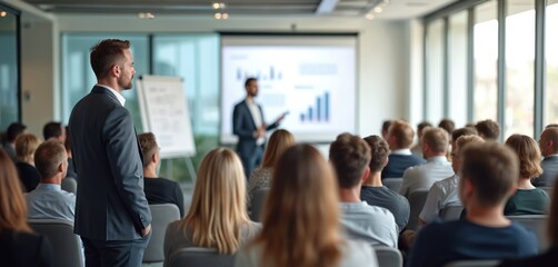 Obraz premium Businessman in suit stands in conference hall during seminar. Speaker presents financial report data on screen. Audience listens attentively to expert speech, business training. Business meeting