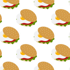 Egg Sandwich of Sesame Bun fried Egg Greens and tomato slices Seamless Pattern Fast Food Background