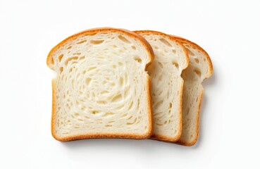 Three slices white bread isolated on white. Bakery product, fresh loaf, soft texture, golden crust. Breakfast sandwich, toast, healthy food. Simple food photography, copy space background.