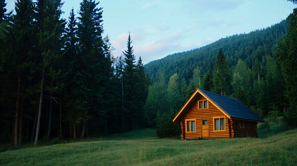 Cozy log cabin nestled in serene forest landscape, surrounded by tall trees and lush greenery, evokes sense of tranquility and nature beauty