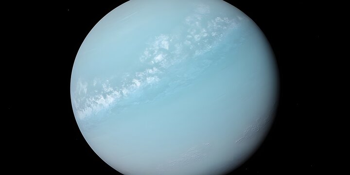 A view of uranus with its pale blue atmosphere and faint cloud bands against the blackness of space