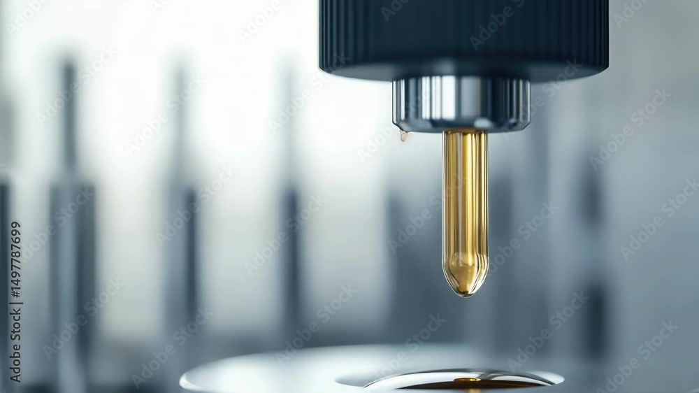 Poster A close-up view of a machine with a small drop of liquid emerging from its surface