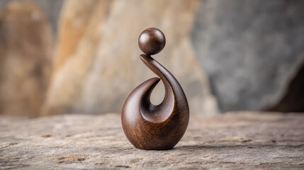 Modern wooden sculpture: smooth, abstract form topped with a sphere on textured base.
