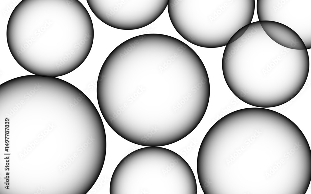 Poster Abstract overlapping black-and-white gradient spheres arranged against a clean white background. Spheres soft-edged, with subtle inner-to-outer shading to 3D illusion. Evoking depth and spatial 