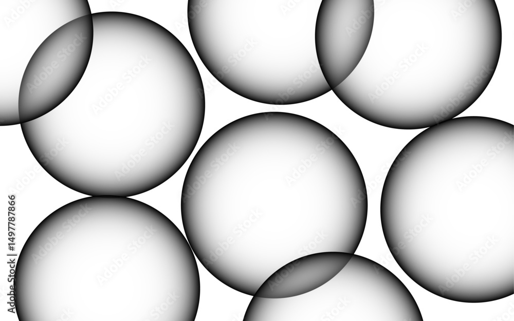 Poster Abstract overlapping black-and-white gradient spheres arranged against a clean white background. Spheres soft-edged, with subtle inner-to-outer shading to 3D illusion. Evoking depth and spatial 
