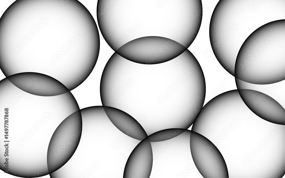 Poster Abstract overlapping black-and-white gradient spheres arranged against a clean white background. Spheres soft-edged, with subtle inner-to-outer shading to 3D illusion. Evoking depth and spatial 
