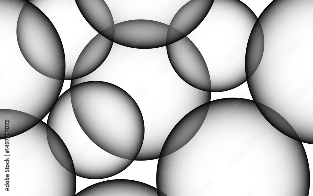 Poster Abstract overlapping black-and-white gradient spheres arranged against a clean white background. Spheres soft-edged, with subtle inner-to-outer shading to 3D illusion. Evoking depth and spatial 