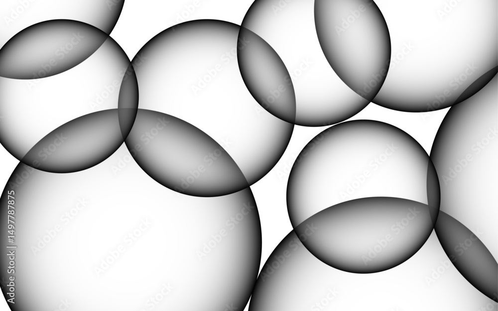 Poster Abstract overlapping black-and-white gradient spheres arranged against a clean white background. Spheres soft-edged, with subtle inner-to-outer shading to 3D illusion. Evoking depth and spatial 
