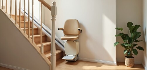 Modern stairlift designed for elderly, disabled individuals. Automatic chairlift, safe comfortable home mobility solution, interior design. Staircase with wooden steps, handrails, light-colored