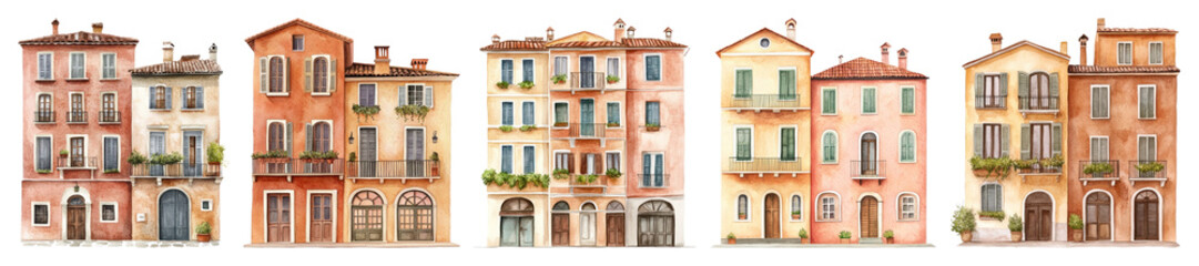 Obraz premium PNG Charming European architectural watercolor, element set on transparent background