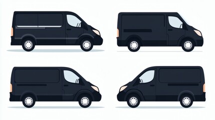 Four black delivery vans, viewed from different angles, isolated on white background.