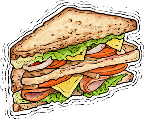 Sandwich delicious chess tomatoes lettuce and bread jam, colorful isolated modern design, manga drawn style. Draeing of appetizing sandwich with cheese, meet and vegetables. Vector.