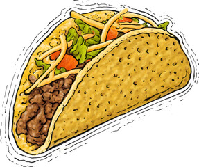 Realistic Mexican Taco with ground beef, lettuce, diced tomato and onion stuffing. Cultural food element isolated on white background.