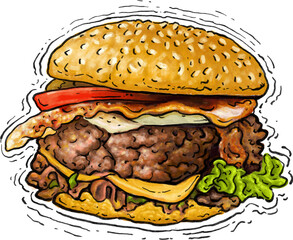 Colour burger sketch engraving illustration style.Hamburger with tomato, lettuce, cheese, onion. Detailed burger vector design. Hamburger icon