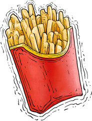 French fried potato in a red pack box. Fast food, junk. Cartoon illustration.