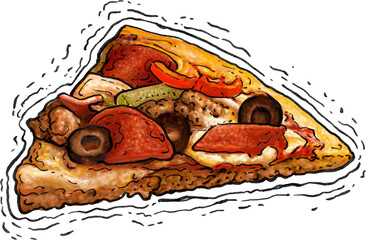 Piece of pizza watercolor drawing vector illustration. Image of creative pizzas meats. A slice of pizza for the design of advertising for your restaurant business.
