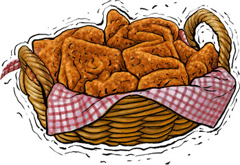 Chicken Nuggets, poster with pile of fried poultry pieces in cardboard plate, original typeface for words chicken nuggets, illustration of label for american fastfood cafe menu, snacks, meat food. 